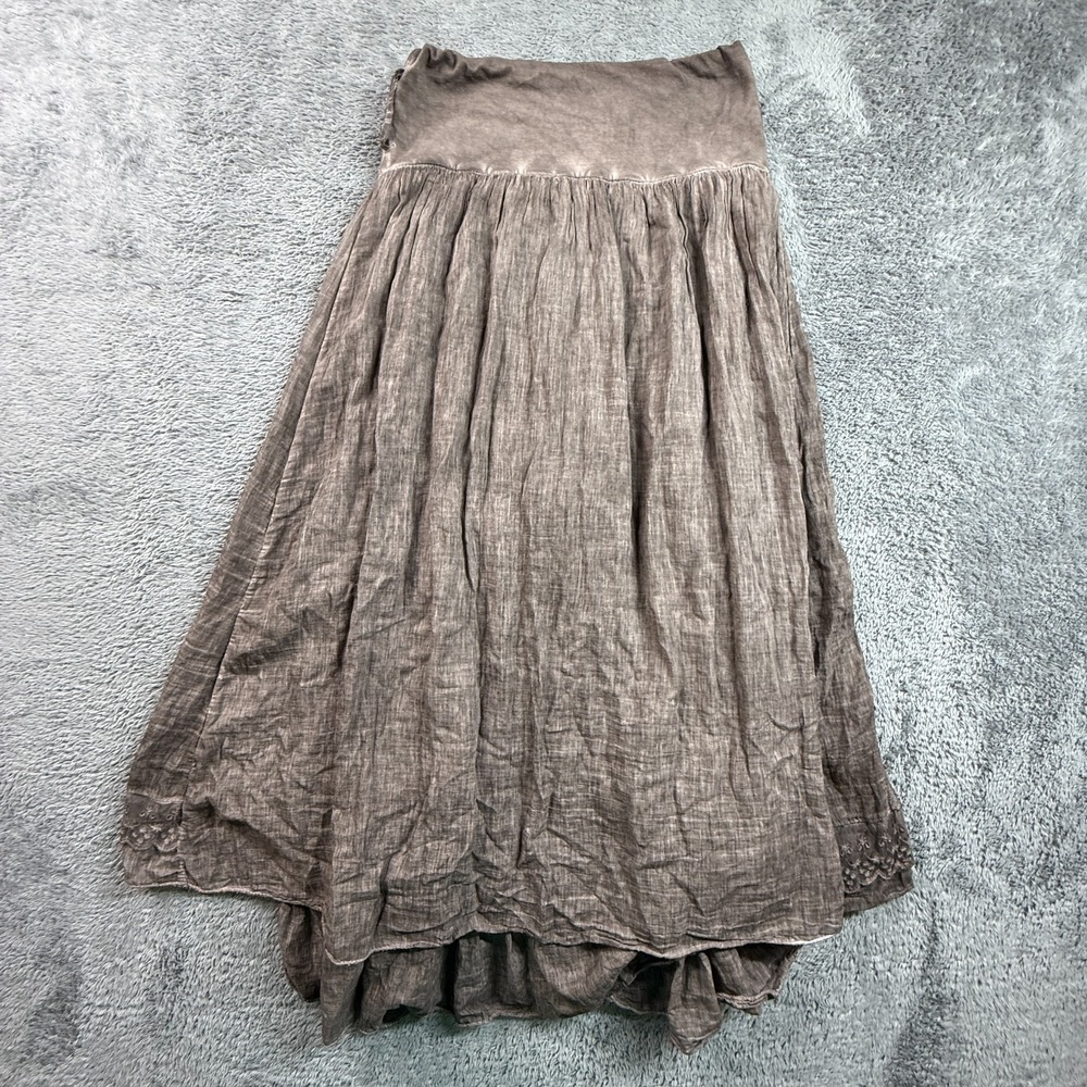 Boho Fairy Maxi Skirt Made in Italy Lace Embroidery Crinkle Cotton Taupe S/M - Picture 2 of 7